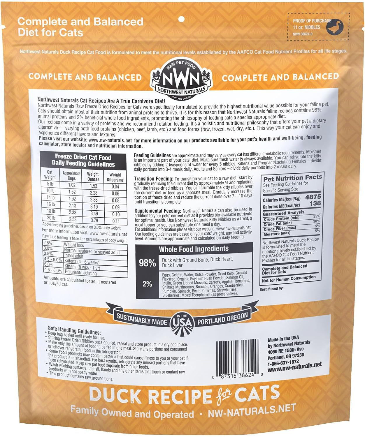 Freeze-Dried Duck Cat & Kitten Food, Grain-Free, Bite-Sized Nibbles. Healthy, Limited, Human-Grade Ingredients, Complete & Balanced, All-Natural, High-Protein Diet, USA Made, 11 Oz