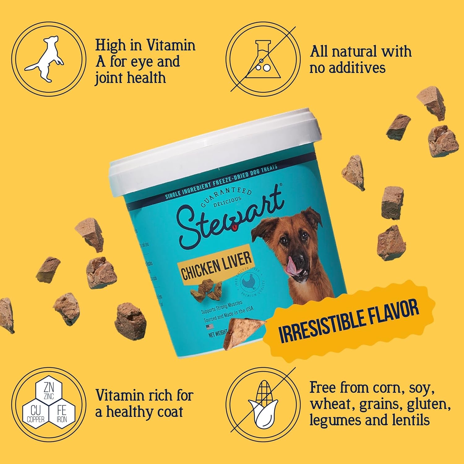 Stewart Freeze Dried Dog Treats, 100% Chicken Liver, 1.5 Oz Tub | Premium Quality Raw Protein, Single Ingredient, High Protein Training Treats & Food Topper, No Refrigeration, Cat Friendly