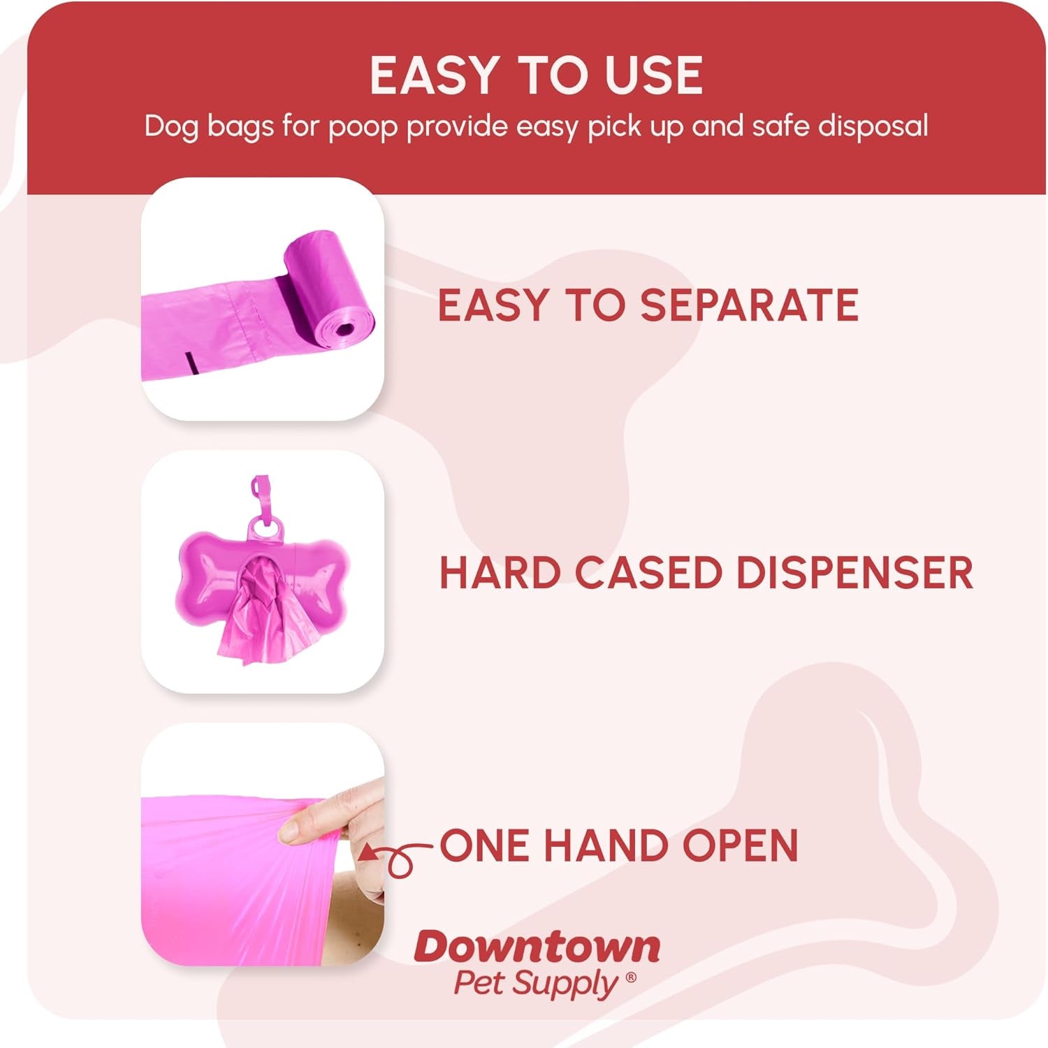 Downtown Pet Supply Poop Bags for Dogs with Dispenser, 180 Count - Leak-Proof Dog Waste Bags and Bone-Shaped Dog Poop Bags Holder for Leash - Pink, 12.5" X 8.5"