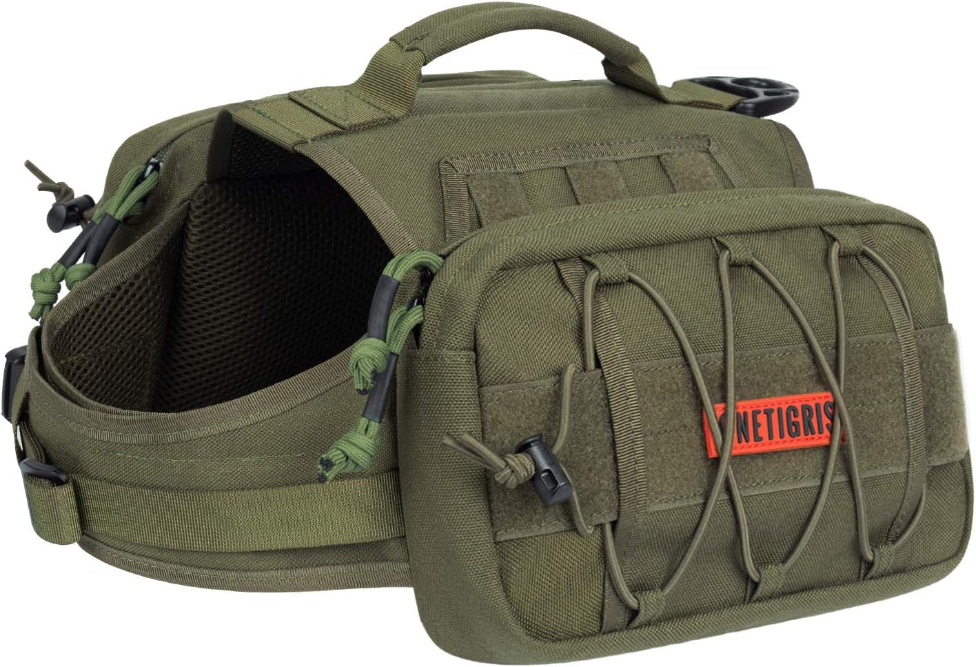 ONETIGRIS Dog Backpack for Medium & Large Dogs, Nylon Backpack for Dogs Tactical Pet Backpack with Side Pockets for Hiking Walking Training Running (Green, Large)