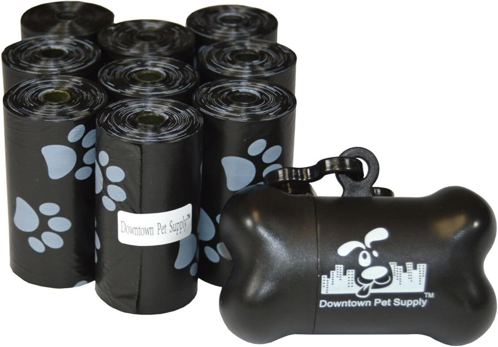 Downtown Pet Supply Poop Bags for Dogs with Dispenser, 180 Count - Leak-Proof Dog Waste Bags and Bone-Shaped Dog Poop Bags Holder for Leash - Black with Paw Prints, 12.5" X 8.5"