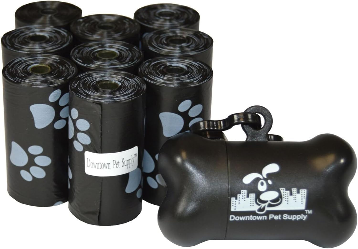 Downtown Pet Supply Poop Bags for Dogs with Dispenser, 180 Count - Leak-Proof Dog Waste Bags and Bone-Shaped Dog Poop Bags Holder for Leash - Black with Paw Prints, 12.5" X 8.5"