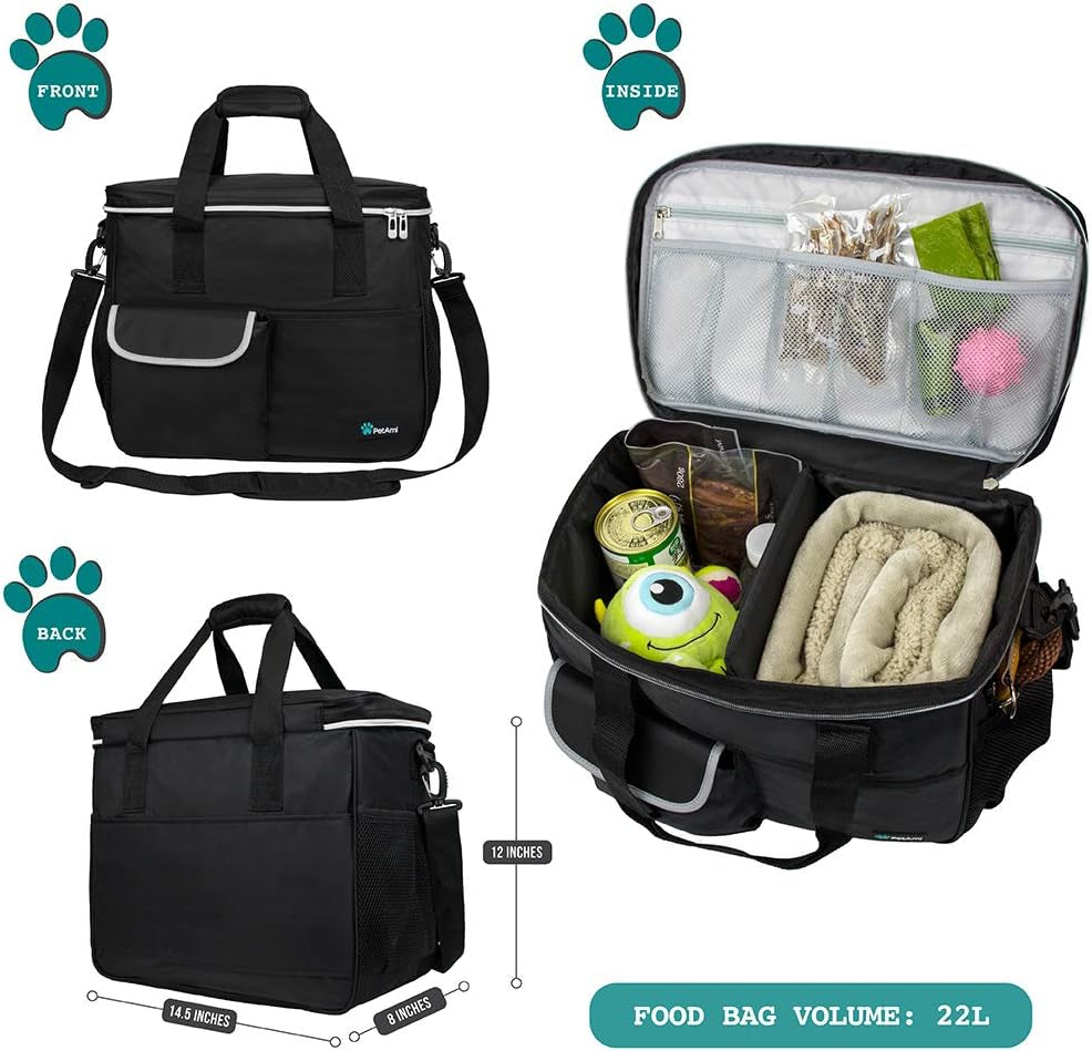 Petami Dog Travel Bag Organizer, Pet Supplies Tote Diaper Bag, Black Medium | Pet Travel Kit with 2 Food Containers & 2 Collapsible Dog Bowls, Luggage Sleeve, Weekend Getaway Road Trip Camping Essentials