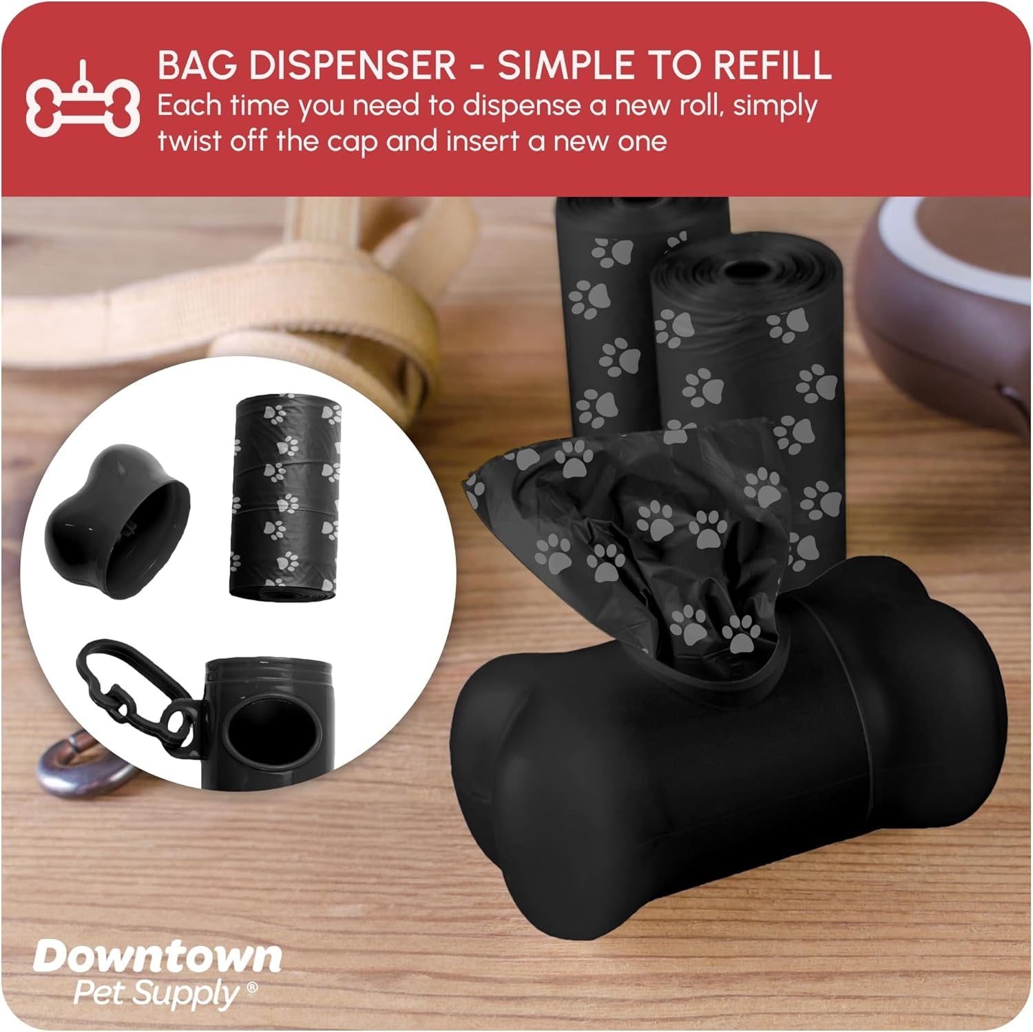 Downtown Pet Supply Poop Bags for Dogs with Dispenser, 180 Count - Leak-Proof Dog Waste Bags and Bone-Shaped Dog Poop Bags Holder for Leash - Black with Paw Prints, 12.5" X 8.5"