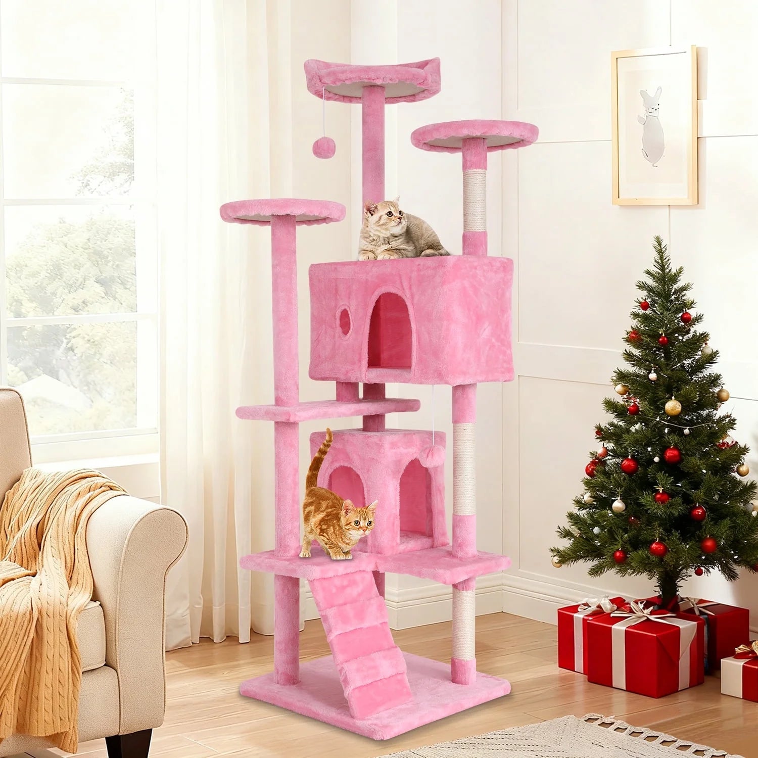 54-In Double Condo Cat Tree Tower Playhouse with Scratching Post & Perch for Indoor, Pink