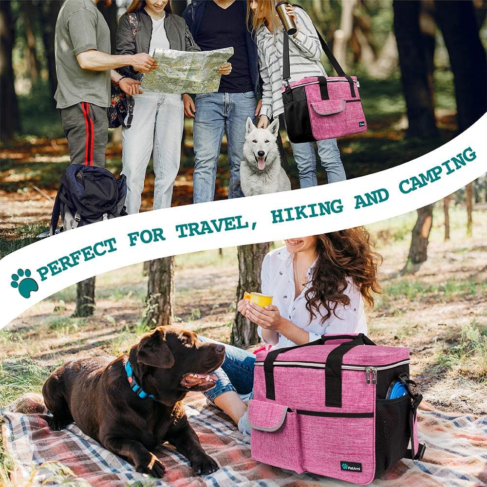 Petami Dog Travel Bag Organizer, Pet Supplies Tote Diaper Bag, Pink Medium | Pet Travel Kit with 2 Food Containers & 2 Collapsible Dog Bowls, Luggage Sleeve, Weekend Getaway Road Trip Camping Essentials