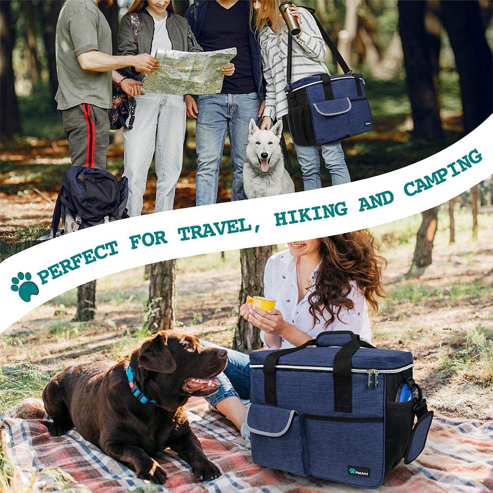 Petami Dog Travel Bag Organizer, Pet Supplies Diaper Tote, Navy Blue Medium | Pet Travel Kit with 2 Food Containers & 2 Collapsible Dog Bowls, Luggage Sleeve, Weekend Getaway Road Trip Camping Essentials