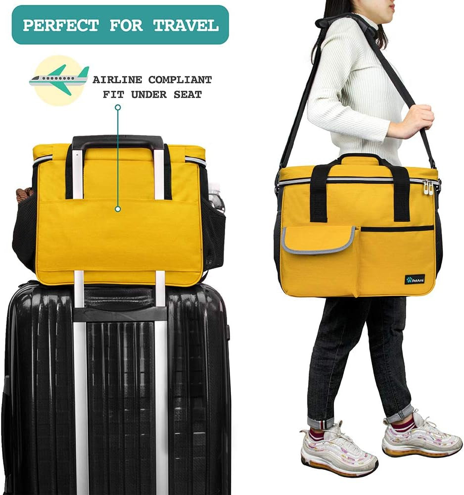 Petami Dog Travel Bag Organizer, Pet Supplies Diaper Tote, Yellow Medium | Pet Travel Kit with 2 Food Containers & 2 Collapsible Dog Bowls, Luggage Sleeve, Weekend Getaway Road Trip Camping Essentials