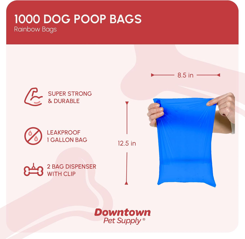 Downtown Pet Supply Dog Waste Bags (1000 CT - Rainbow Bags & 2 Dispensers) Clips to Dog Leashes & Harnesses - Poop Scoop Bags Are Leak-Proof & Unscented