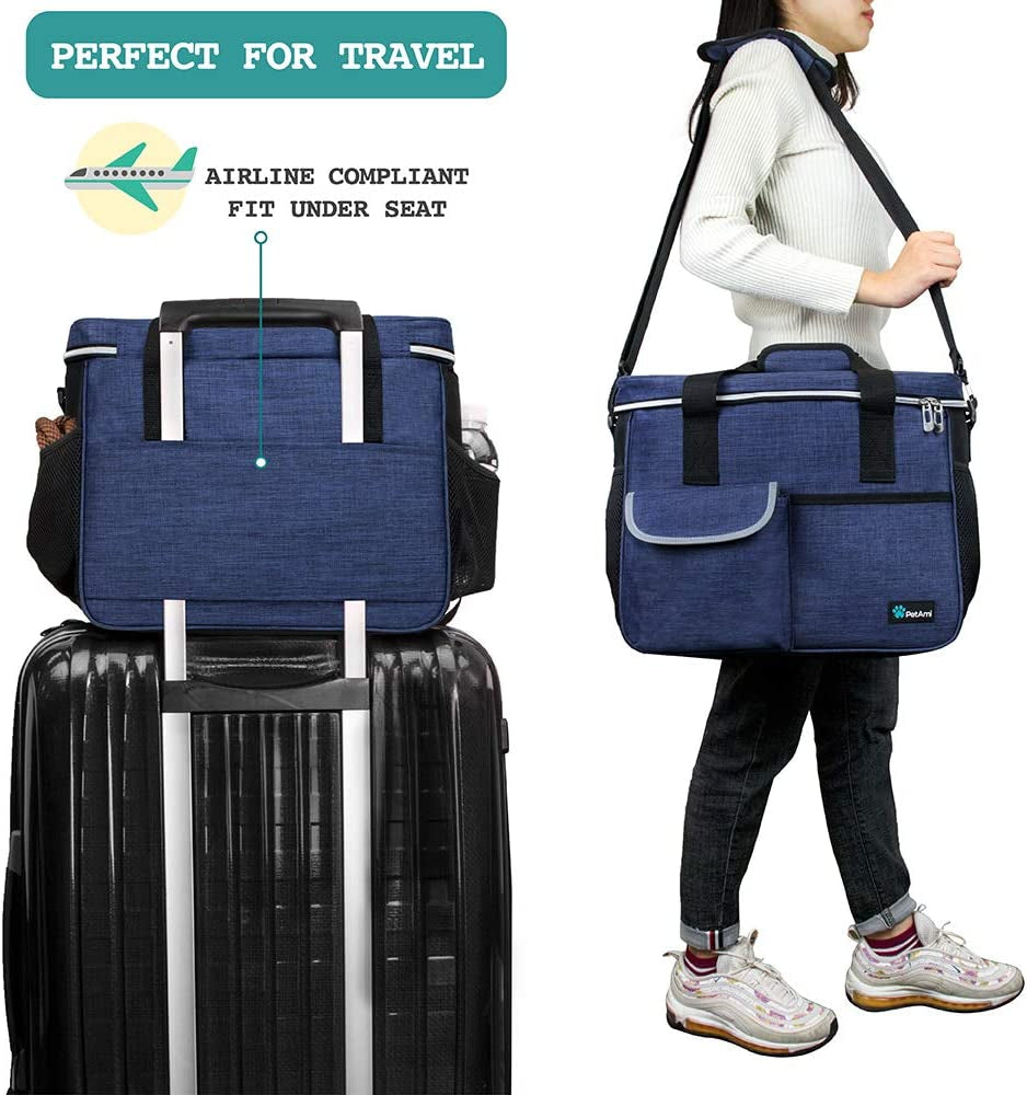 Petami Dog Travel Bag Organizer, Pet Supplies Diaper Tote, Navy Blue Medium | Pet Travel Kit with 2 Food Containers & 2 Collapsible Dog Bowls, Luggage Sleeve, Weekend Getaway Road Trip Camping Essentials