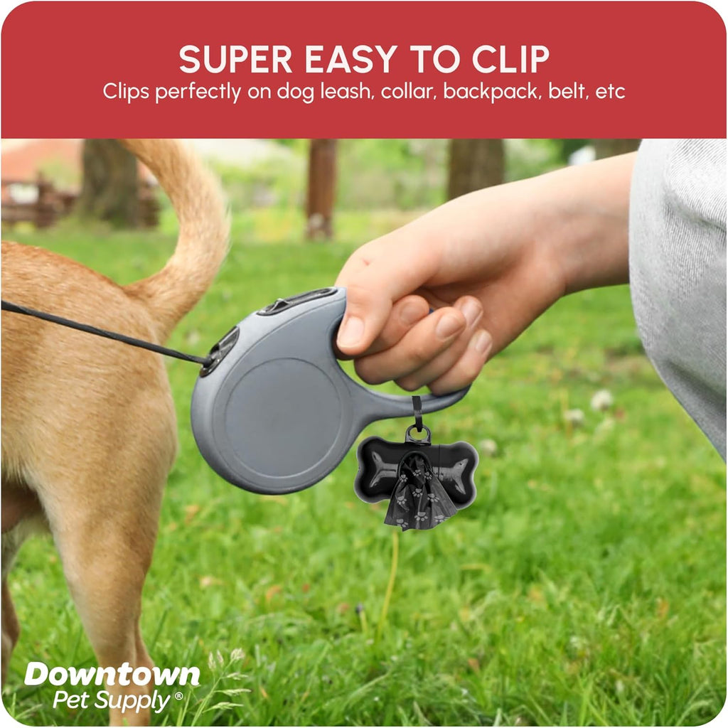 Downtown Pet Supply Poop Bags for Dogs with Dispenser, 180 Count - Leak-Proof Dog Waste Bags and Bone-Shaped Dog Poop Bags Holder for Leash - Black with Paw Prints, 12.5" X 8.5"