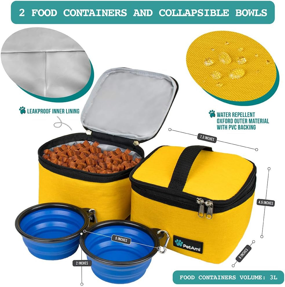 Petami Dog Travel Bag Organizer, Pet Supplies Diaper Tote, Yellow Medium | Pet Travel Kit with 2 Food Containers & 2 Collapsible Dog Bowls, Luggage Sleeve, Weekend Getaway Road Trip Camping Essentials