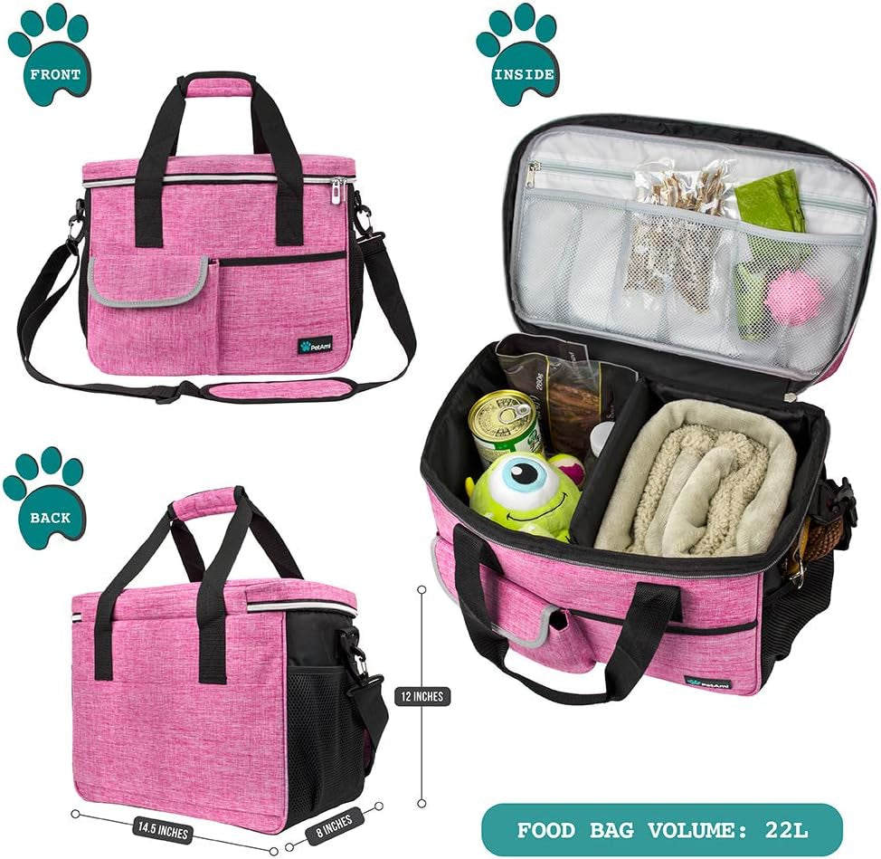 Petami Dog Travel Bag Organizer, Pet Supplies Tote Diaper Bag, Pink Medium | Pet Travel Kit with 2 Food Containers & 2 Collapsible Dog Bowls, Luggage Sleeve, Weekend Getaway Road Trip Camping Essentials