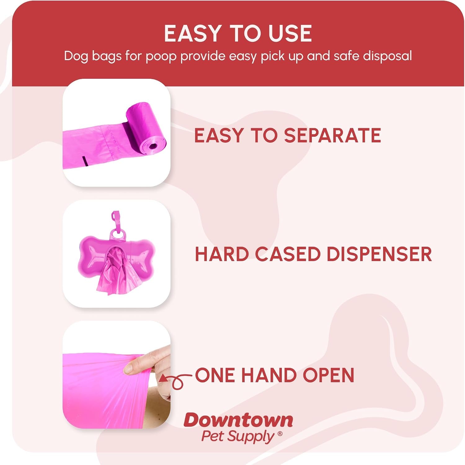 Downtown Pet Supply Poop Bags for Dogs with Dispenser, 220 Count - Leak-Proof Dog Waste Bags and Bone-Shaped Dog Poop Bags Holder for Leash - Pink, 12.5" X 8.5"