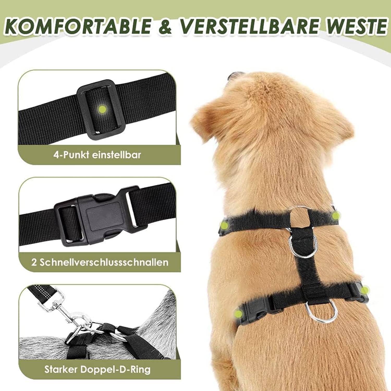 Dog Car Harness Seat Belt, Dual Connection Seatbelt Plug & Latch | Breathable Soft Padded Mesh Vest, Adjustable, Reflective, Elastic Tether Safe Travel for Small Medium Large Dogs (Blue, M)