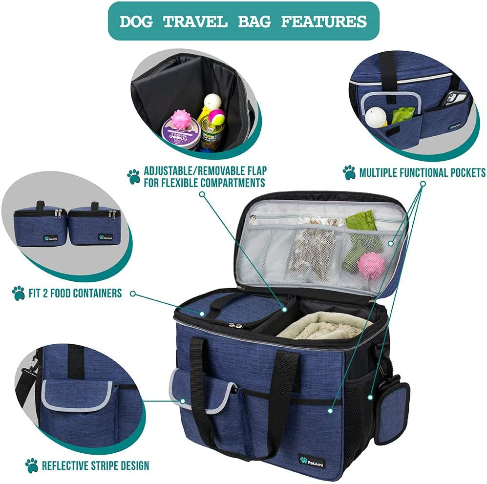 Petami Dog Travel Bag Organizer, Pet Supplies Diaper Tote, Navy Blue Medium | Pet Travel Kit with 2 Food Containers & 2 Collapsible Dog Bowls, Luggage Sleeve, Weekend Getaway Road Trip Camping Essentials