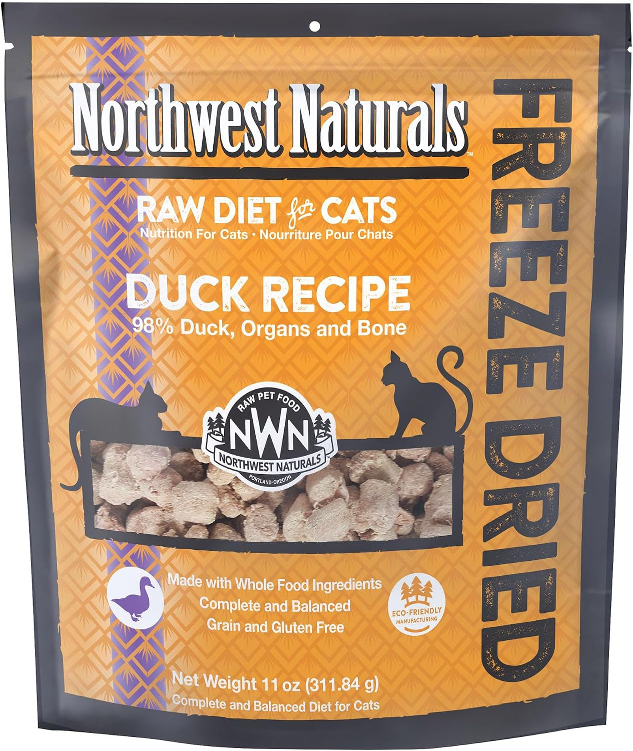 Freeze-Dried Duck Cat & Kitten Food, Grain-Free, Bite-Sized Nibbles. Healthy, Limited, Human-Grade Ingredients, Complete & Balanced, All-Natural, High-Protein Diet, USA Made, 11 Oz