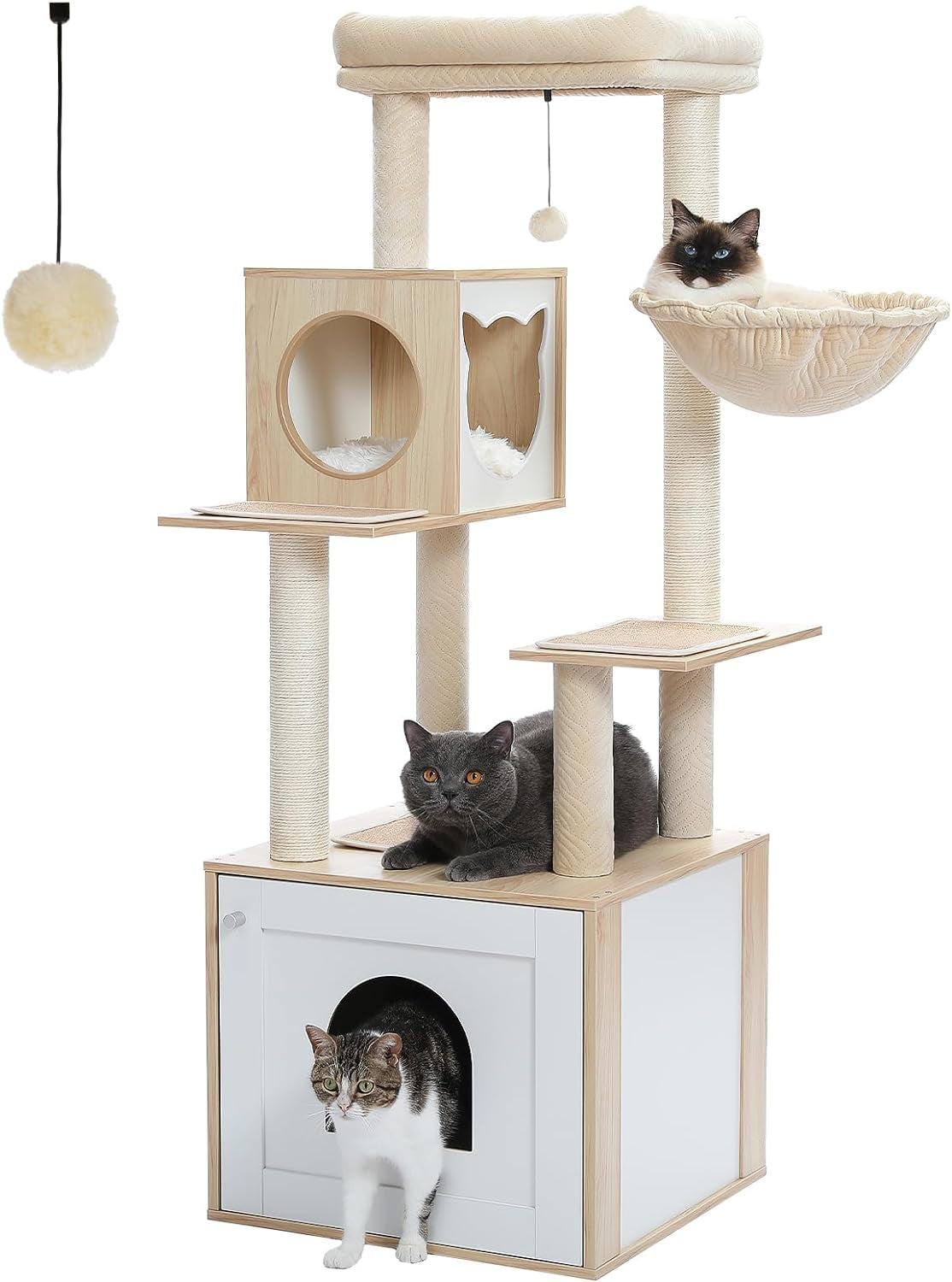 56.7" Cat Tree with Litter Box Enclosure Large, Wood Cat Tower for Indoor Cats with Storage Cabinet and Cozy Cat Condo, Sisal Covered Scratching Post and Repalcable Dangling Balls, Beige | Enclosed Cabinet Hides a Litter Box; with Cozy Condo, Sisal Scratching Posts, Spoon Hammock & Top Perch for Indoor Cats