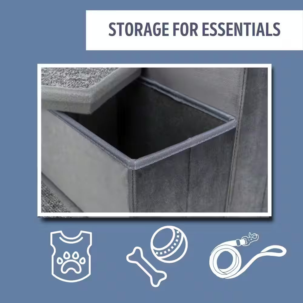 Velour Foldable 3-Step Pet Stairs with Storage