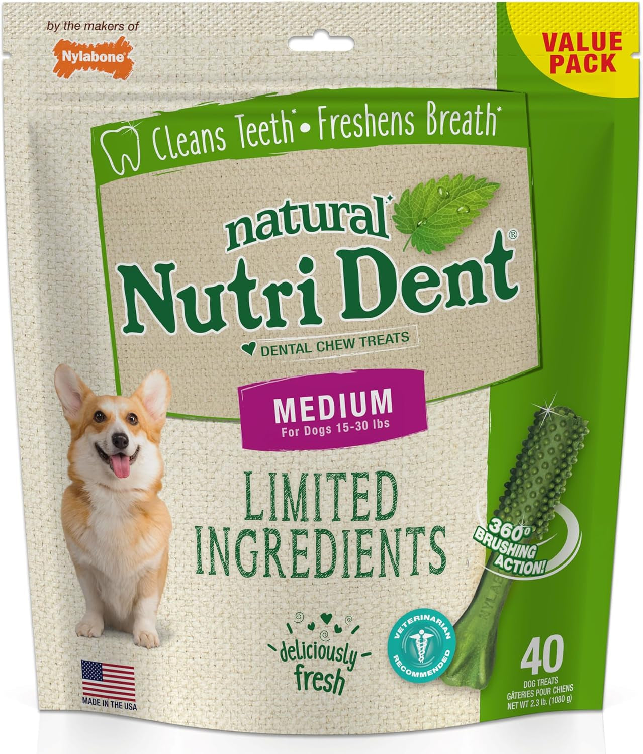 Nutri Dent Dog Dental Treats - Natural Dog Teeth Cleaning & Breath Freshener - Dental Treats for Dogs - Fresh Breath Flavor, Medium (40 Count) | for Medium Dogs 15-30 Lbs, Natural Dog Dental Chews, Helps Clean Teeth & Freshen Breath, Usa-Made, Vet Recomme