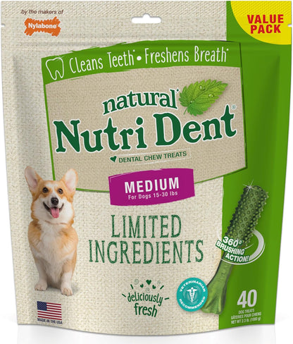 Nutri Dent Dog Dental Treats - Natural Dog Teeth Cleaning & Breath Freshener - Dental Treats for Dogs - Fresh Breath Flavor, Medium (40 Count) | for Medium Dogs 15-30 Lbs, Natural Dog Dental Chews, Helps Clean Teeth & Freshen Breath, Usa-Made, Vet Recomme
