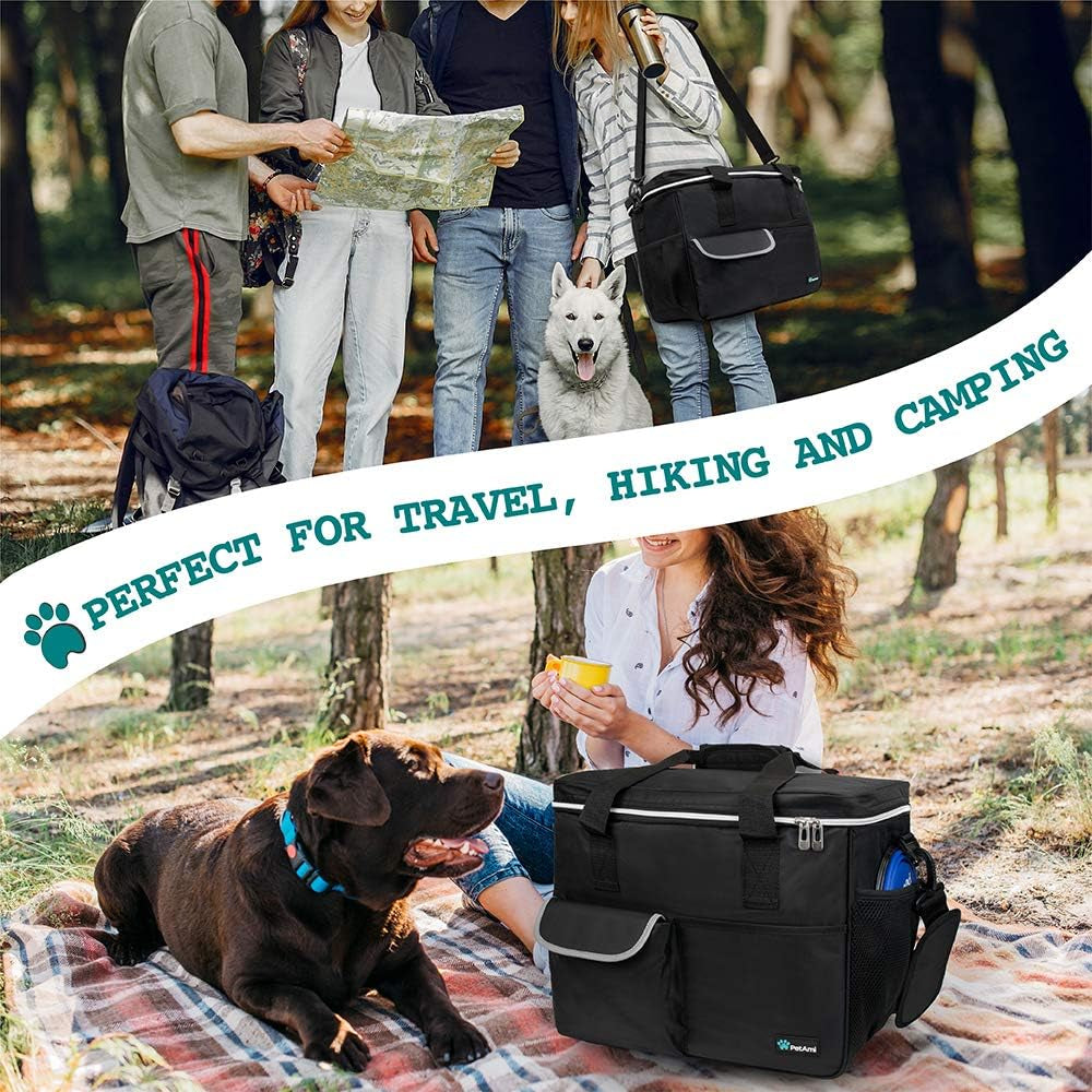 Petami Dog Travel Bag Organizer, Pet Supplies Tote Diaper Bag, Black Medium | Pet Travel Kit with 2 Food Containers & 2 Collapsible Dog Bowls, Luggage Sleeve, Weekend Getaway Road Trip Camping Essentials