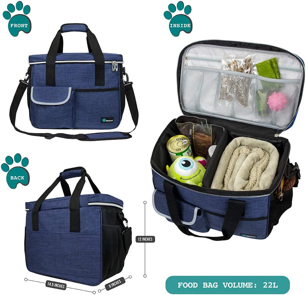 Petami Dog Travel Bag Organizer, Pet Supplies Diaper Tote, Navy Blue Medium | Pet Travel Kit with 2 Food Containers & 2 Collapsible Dog Bowls, Luggage Sleeve, Weekend Getaway Road Trip Camping Essentials