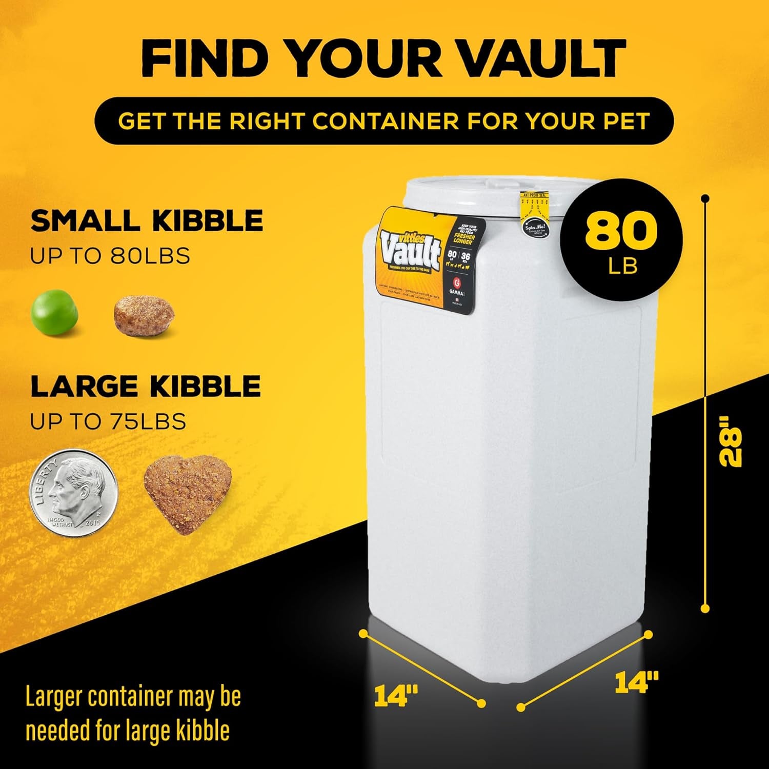 Vittles Vault Pet Food Storage Containers - Sealed Dog and Cat Food Storage Container, Fits up to 80Lbs, Made in the USA - [14" L X 28" H] | Made in USA, 14 Inch Long by 28 Inch Tall, Airtight Lid Keeps Kibble Fresh and Pests Out, a Durable Home Pantry Bi