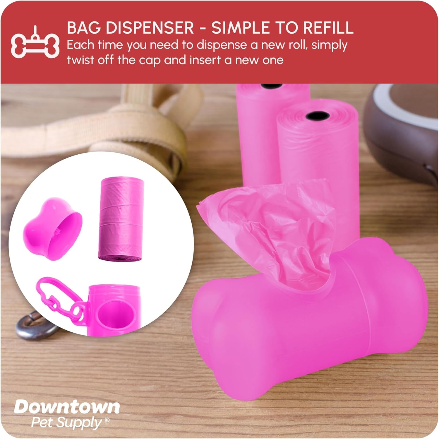 Downtown Pet Supply Poop Bags for Dogs with Dispenser, 180 Count - Leak-Proof Dog Waste Bags and Bone-Shaped Dog Poop Bags Holder for Leash - Pink, 12.5" X 8.5"