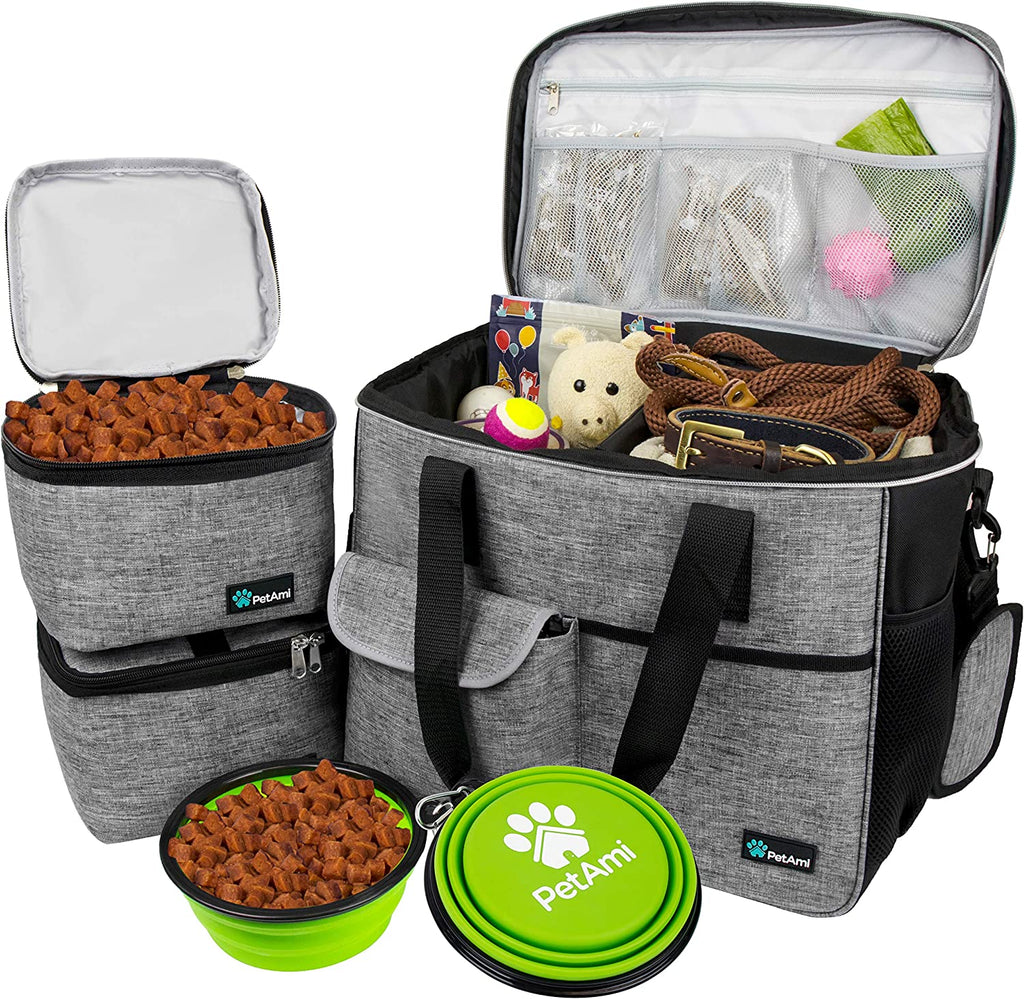 Petami Dog Travel Bag Organizer, Pet Supplies Tote Diaper Bag, Gray Large | Pet Travel Kit with 2 Food Containers & 2 Collapsible Dog Bowls, Luggage Sleeve, Weekend Getaway Road Trip Camping Essentials