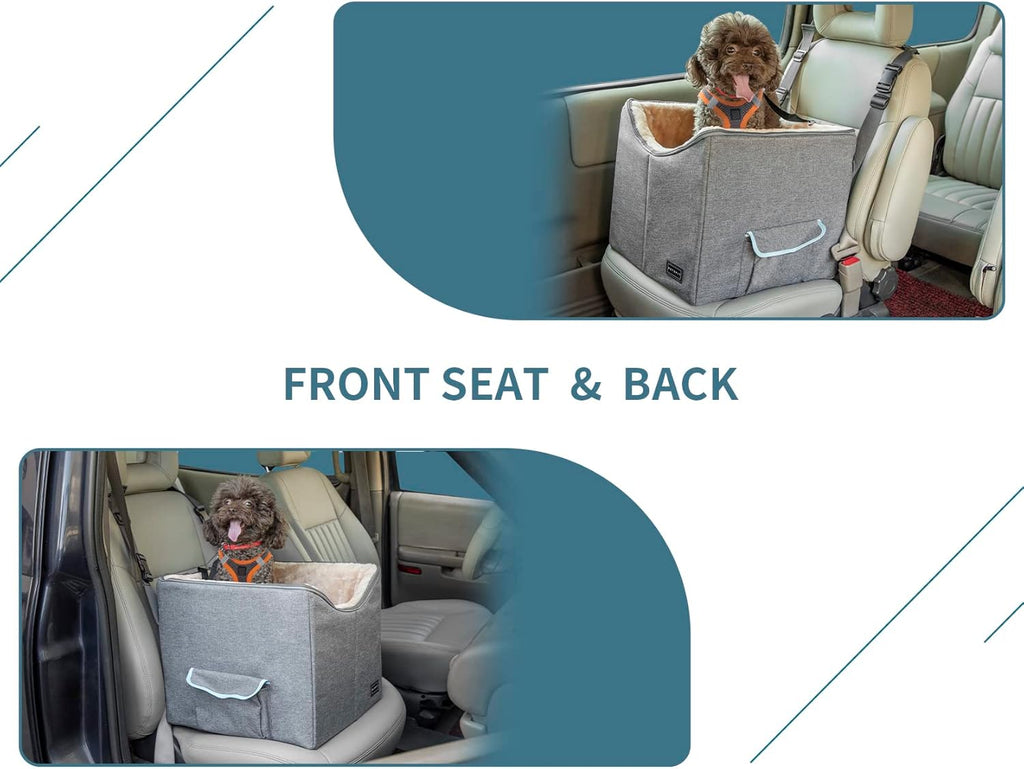 Petsfit Small Dog Car Seat, Pet Travel Car Booster Seat with Safety Belt, Washable Double-Sided Cushion and Storage Pocket for Small Pet (Small, Light Grey)