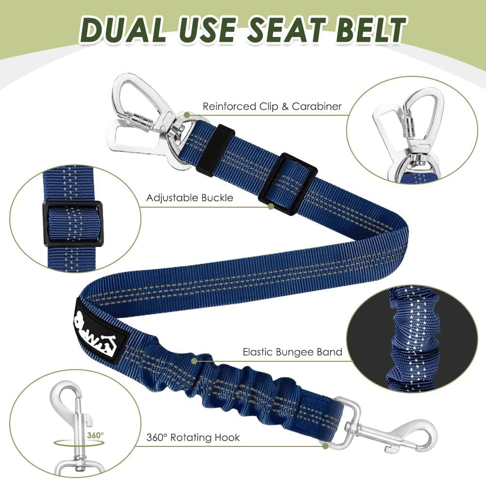 Dog Car Harness Seat Belt, Dual Connection Seatbelt Plug & Latch | Breathable Soft Padded Mesh Vest, Adjustable, Reflective, Elastic Tether Safe Travel for Small Medium Large Dogs (Blue, M)