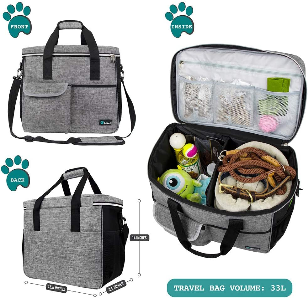 Petami Dog Travel Bag Organizer, Pet Supplies Tote Diaper Bag, Gray Large | Pet Travel Kit with 2 Food Containers & 2 Collapsible Dog Bowls, Luggage Sleeve, Weekend Getaway Road Trip Camping Essentials