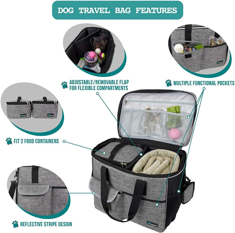 Petami Dog Travel Bag Organizer, Pet Supplies Tote Diaper Bag, Gray Large | Pet Travel Kit with 2 Food Containers & 2 Collapsible Dog Bowls, Luggage Sleeve, Weekend Getaway Road Trip Camping Essentials