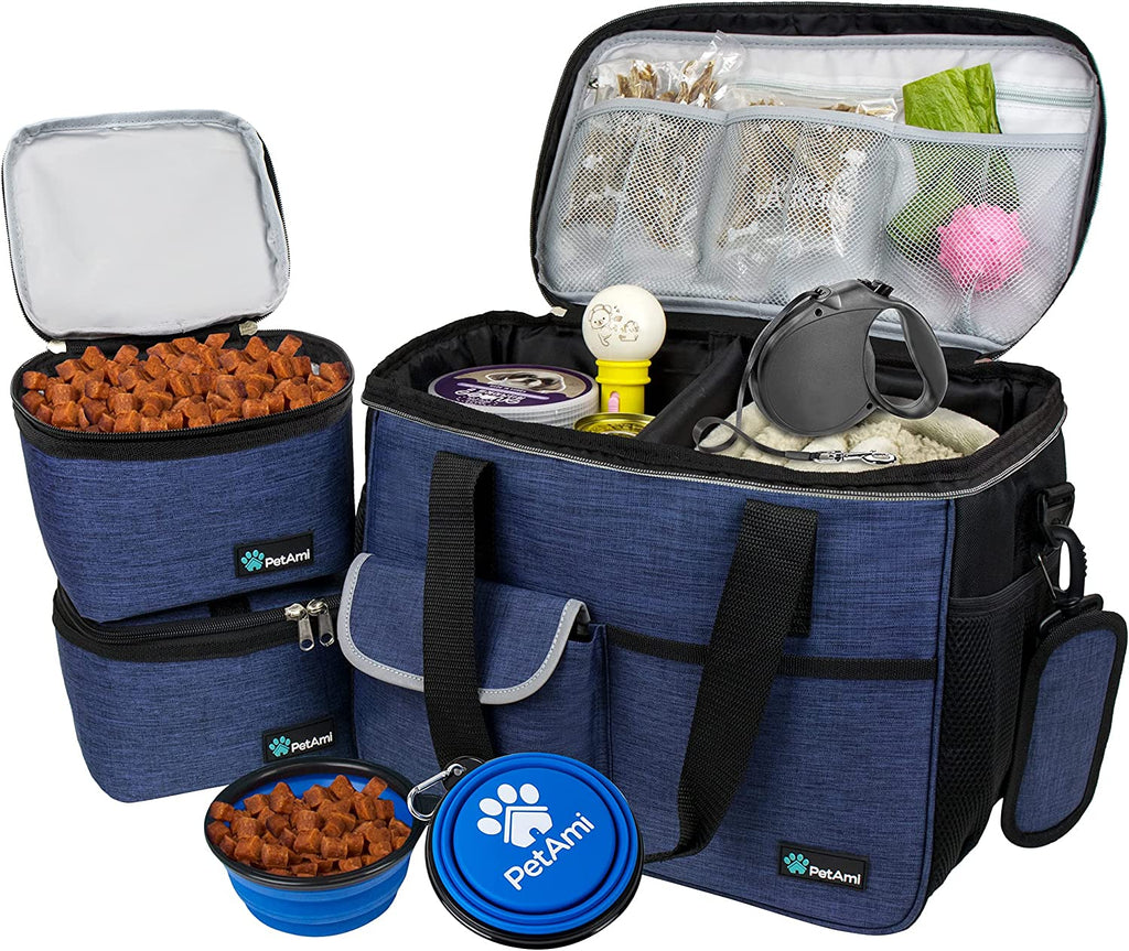 Petami Dog Travel Bag Organizer, Pet Supplies Diaper Tote, Navy Blue Medium | Pet Travel Kit with 2 Food Containers & 2 Collapsible Dog Bowls, Luggage Sleeve, Weekend Getaway Road Trip Camping Essentials