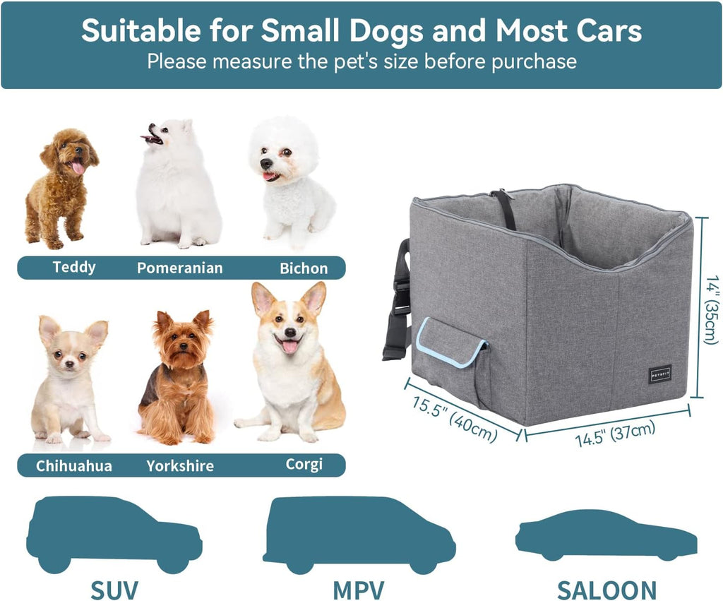 Petsfit Small Dog Car Seat, Pet Travel Car Booster Seat with Safety Belt, Washable Double-Sided Cushion and Storage Pocket for Small Pet (Small, Light Grey)