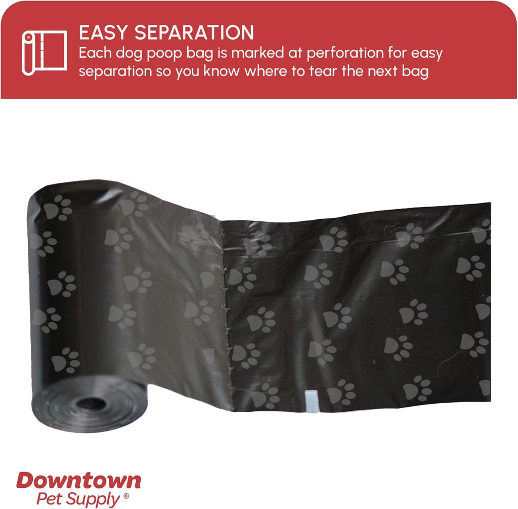 Downtown Pet Supply Poop Bags for Dogs with Dispenser, 180 Count - Leak-Proof Dog Waste Bags and Bone-Shaped Dog Poop Bags Holder for Leash - Black with Paw Prints, 12.5" X 8.5"