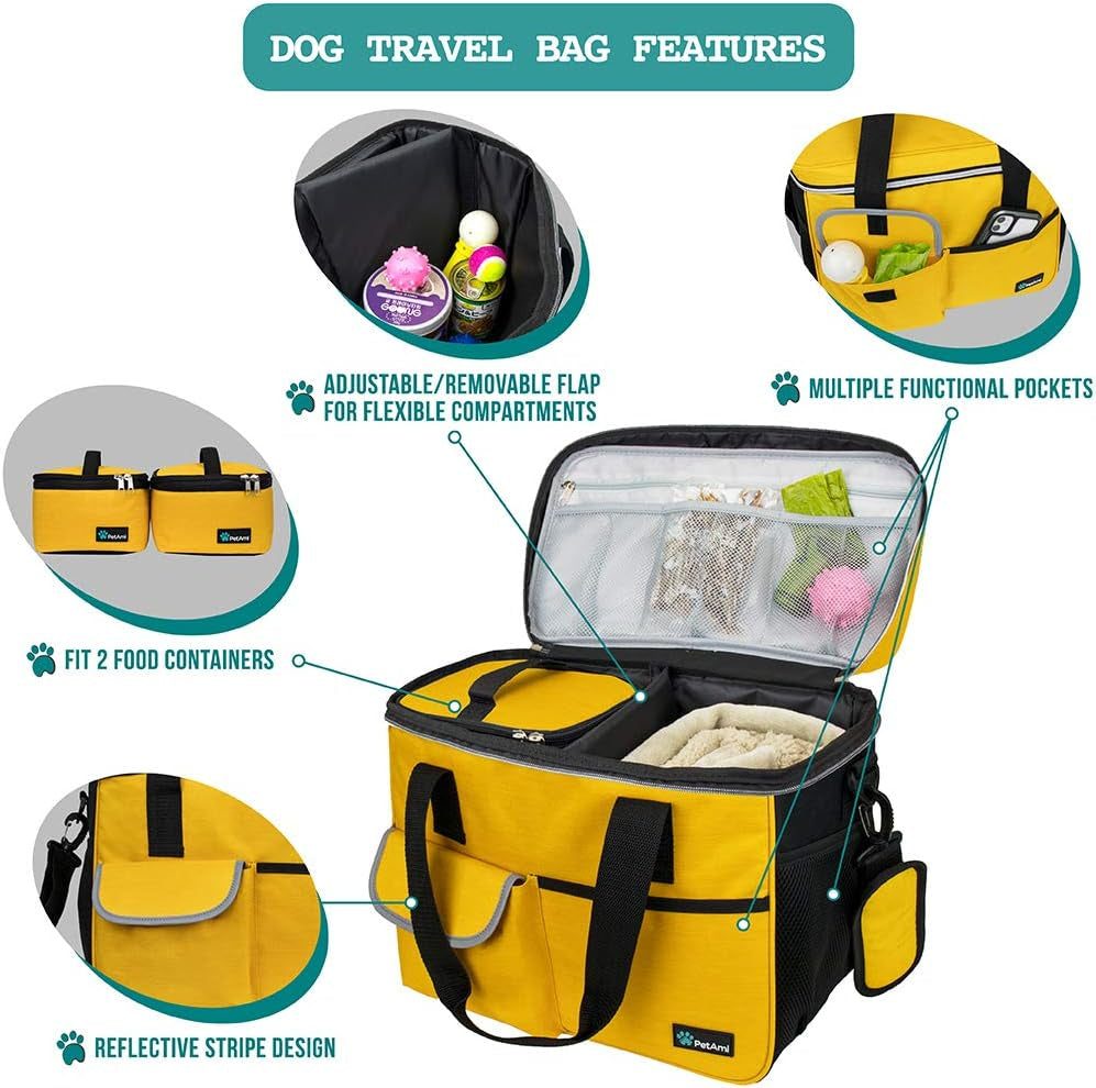 Petami Dog Travel Bag Organizer, Pet Supplies Diaper Tote, Yellow Medium | Pet Travel Kit with 2 Food Containers & 2 Collapsible Dog Bowls, Luggage Sleeve, Weekend Getaway Road Trip Camping Essentials