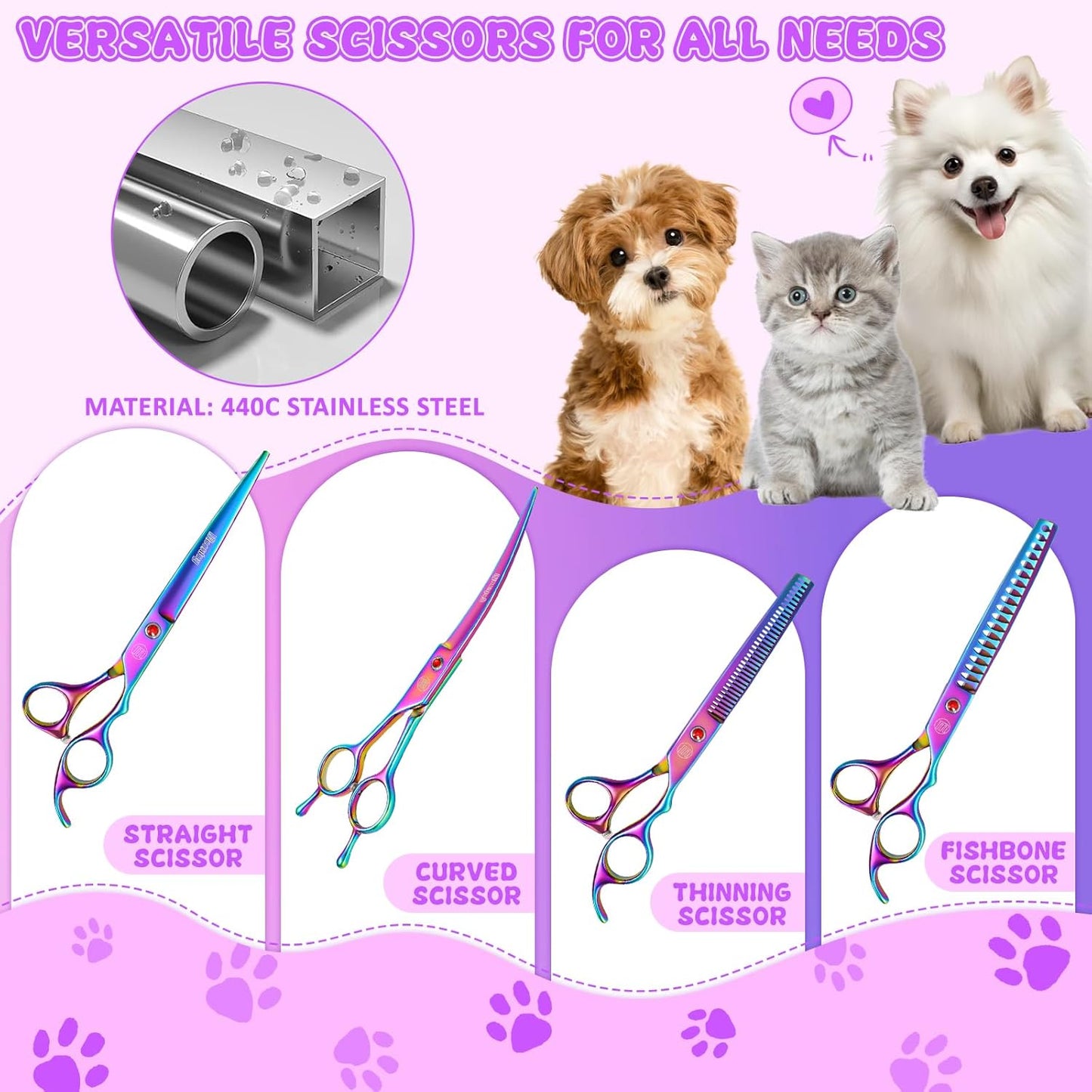 Professional Dog Grooming Scissors Set, 7 Inch/8 Inch Pet Grooming Scissors Chunkers Shears for Dog, Curved Dog Grooming Scissors, Thinning Shears for Dog with Grooming Comb | Pet Grooming Chunkers Shears for Dog, Curved Dog Grooming Scissors, Thinning Sh