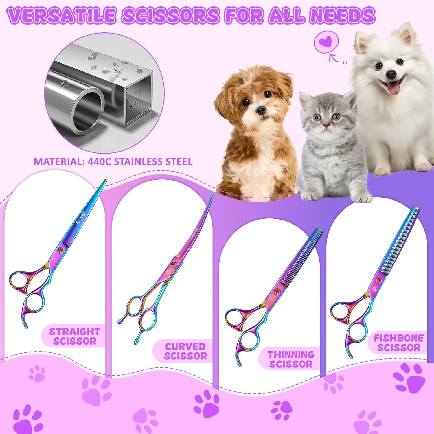 Professional Dog Grooming Scissors Set, 7 Inch/8 Inch Pet Grooming Scissors Chunkers Shears for Dog, Curved Dog Grooming Scissors, Thinning Shears for Dog with Grooming Comb | Pet Grooming Chunkers Shears for Dog, Curved Dog Grooming Scissors, Thinning Sh