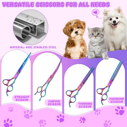 Professional Dog Grooming Scissors Set, 7 Inch/8 Inch Pet Grooming Scissors Chunkers Shears for Dog, Curved Dog Grooming Scissors, Thinning Shears for Dog with Grooming Comb | Pet Grooming Chunkers Shears for Dog, Curved Dog Grooming Scissors, Thinning Sh