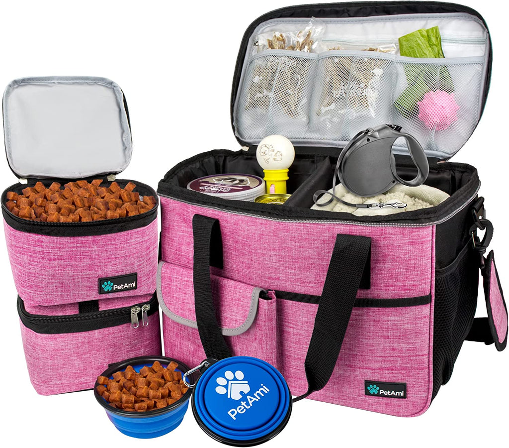 Petami Dog Travel Bag Organizer, Pet Supplies Tote Diaper Bag, Pink Medium | Pet Travel Kit with 2 Food Containers & 2 Collapsible Dog Bowls, Luggage Sleeve, Weekend Getaway Road Trip Camping Essentials