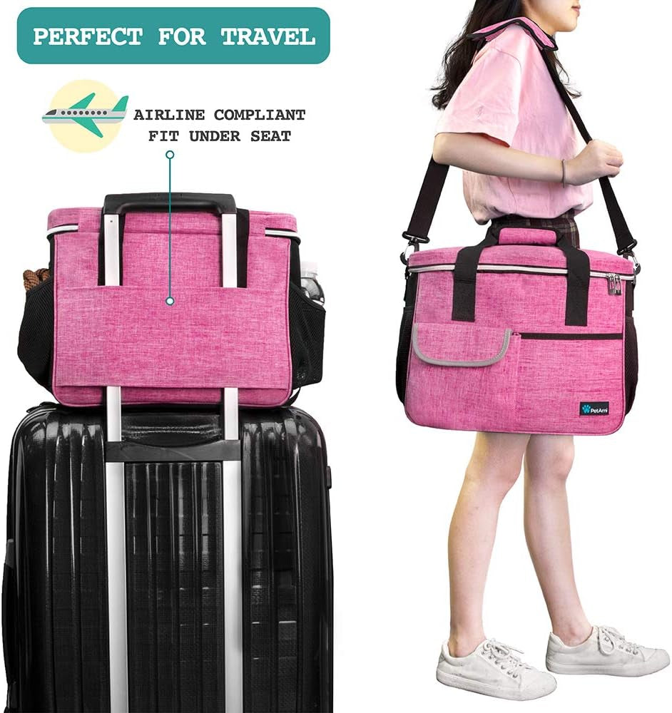 Petami Dog Travel Bag Organizer, Pet Supplies Tote Diaper Bag, Pink Medium | Pet Travel Kit with 2 Food Containers & 2 Collapsible Dog Bowls, Luggage Sleeve, Weekend Getaway Road Trip Camping Essentials