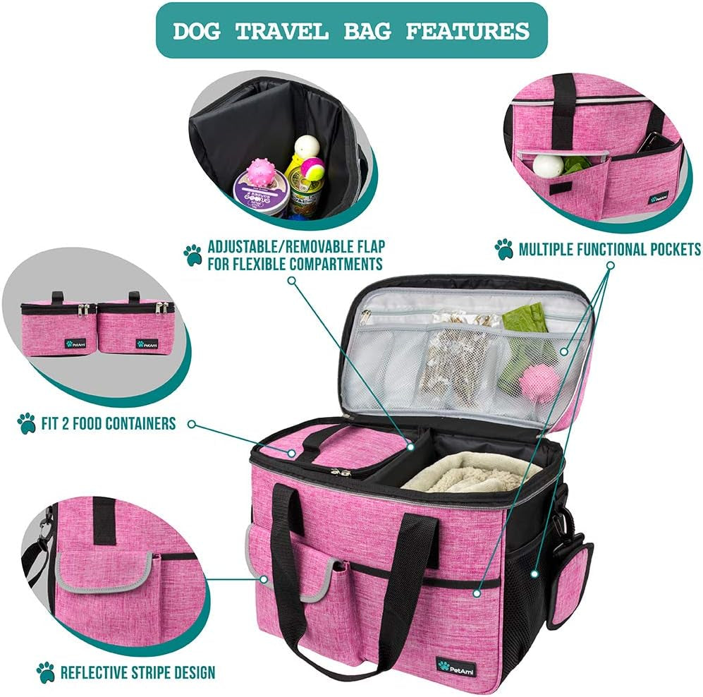 Petami Dog Travel Bag Organizer, Pet Supplies Tote Diaper Bag, Pink Medium | Pet Travel Kit with 2 Food Containers & 2 Collapsible Dog Bowls, Luggage Sleeve, Weekend Getaway Road Trip Camping Essentials