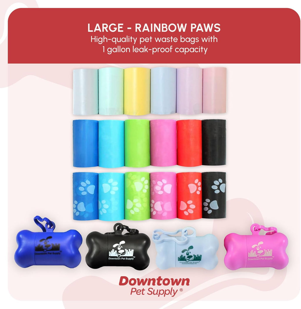 Downtown Pet Supply Poop Bags for Dogs with Dispenser, 180 Count - Leak-Proof Dog Waste Bags and Bone-Shaped Dog Poop Bags Holder for Leash - Rainbow with Paw Prints, 12.5" X 8.5"