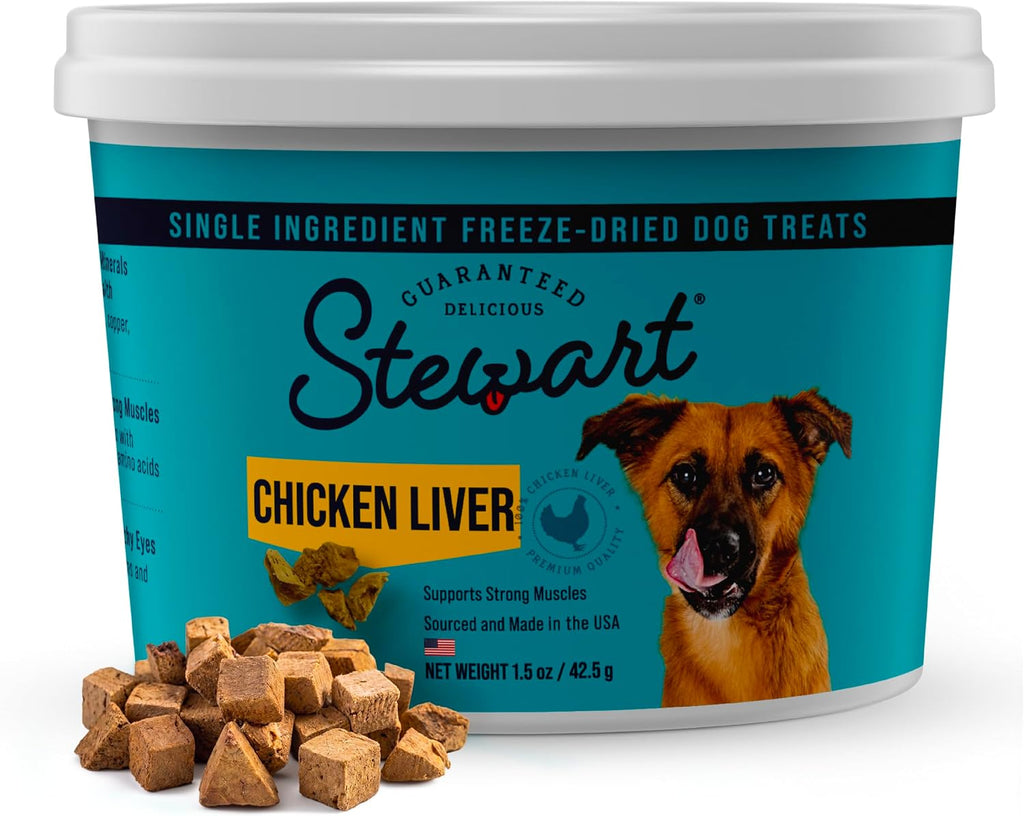 Stewart Freeze Dried Dog Treats, 100% Chicken Liver, 1.5 Oz Tub | Premium Quality Raw Protein, Single Ingredient, High Protein Training Treats & Food Topper, No Refrigeration, Cat Friendly