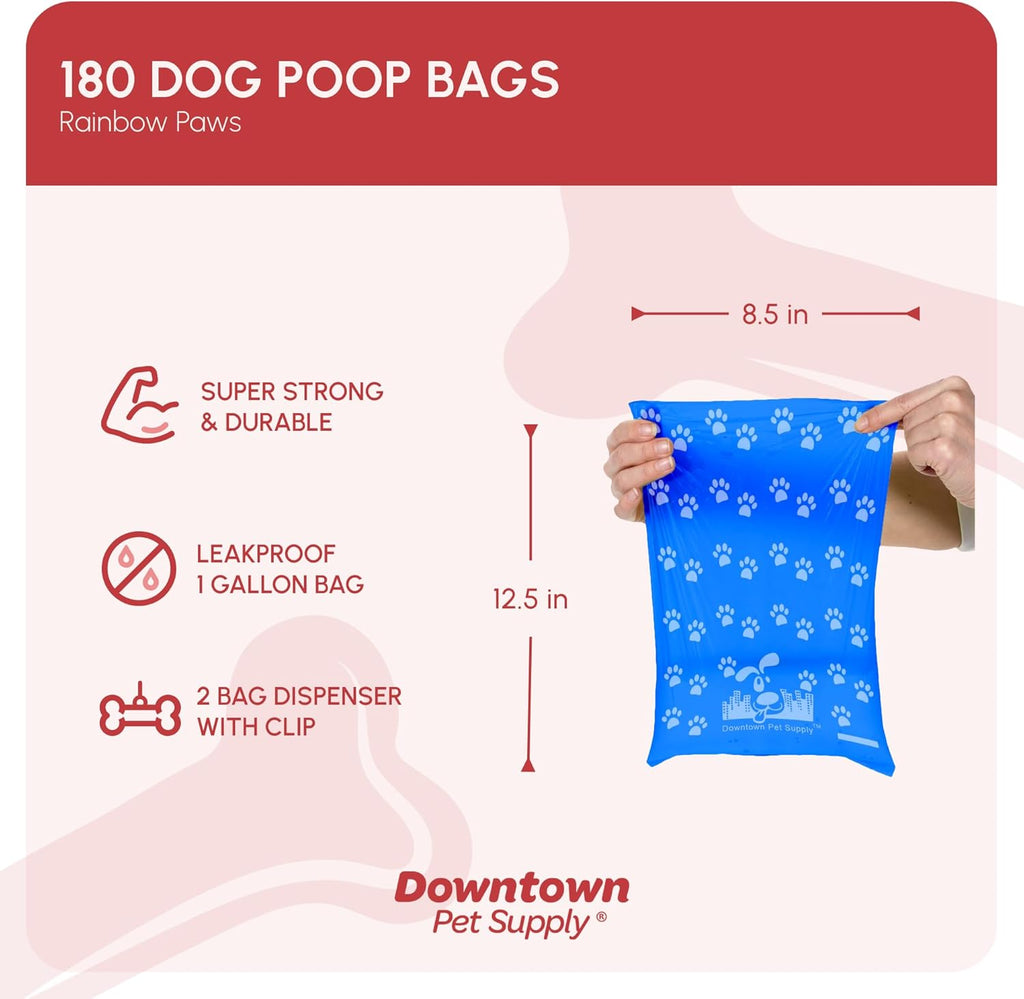 Downtown Pet Supply Poop Bags for Dogs with Dispenser, 180 Count - Leak-Proof Dog Waste Bags and Bone-Shaped Dog Poop Bags Holder for Leash - Rainbow with Paw Prints, 12.5" X 8.5"