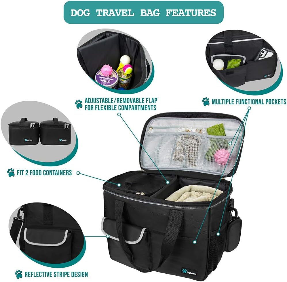 Petami Dog Travel Bag Organizer, Pet Supplies Tote Diaper Bag, Black Medium | Pet Travel Kit with 2 Food Containers & 2 Collapsible Dog Bowls, Luggage Sleeve, Weekend Getaway Road Trip Camping Essentials
