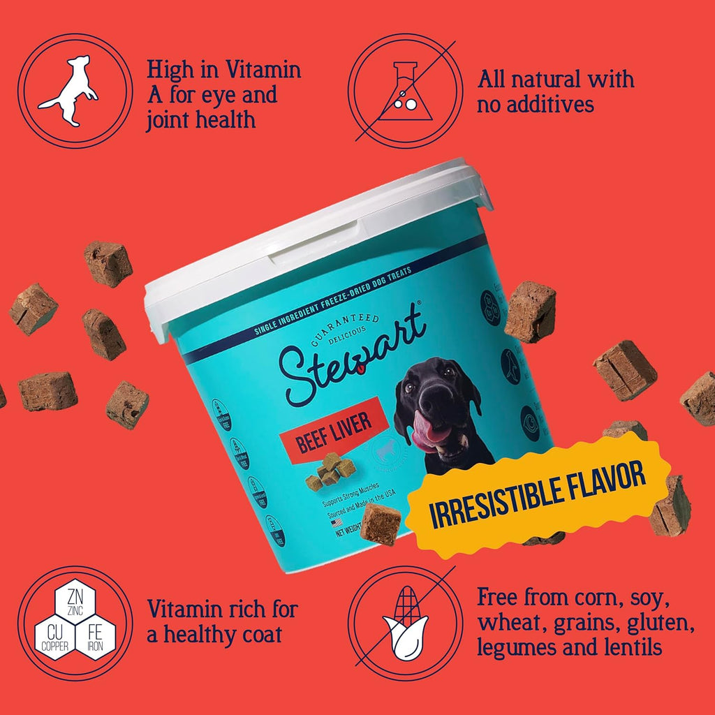 Stewart Freeze Dried Dog Treats, 100% Beef Liver, 14 Oz Tub | Premium Quality Raw Protein, Single Ingredient, High Protein Training Treats & Food Topper, No Refrigeration, Cat Friendly