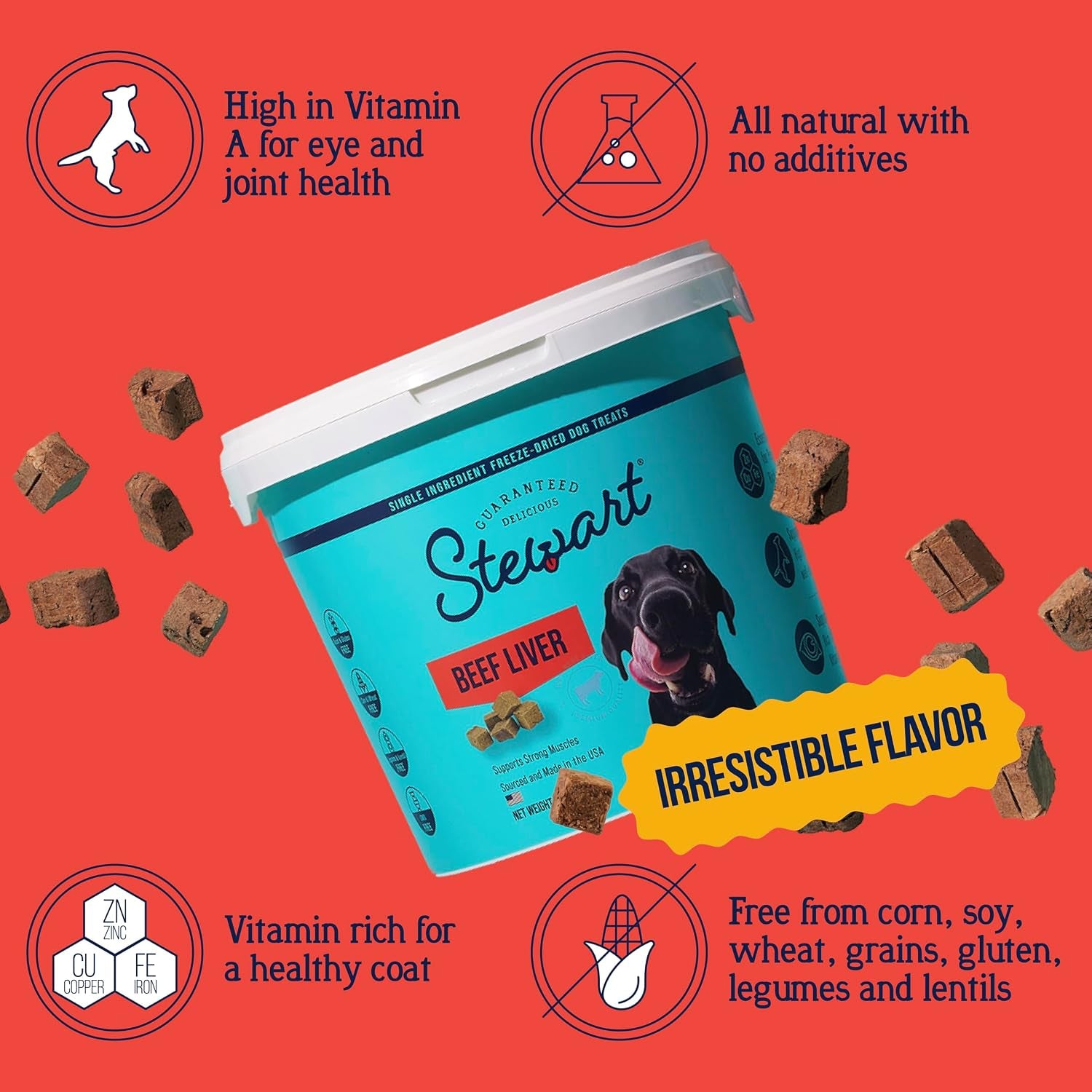 Stewart Freeze Dried Dog Treats, 100% Beef Liver, 14 Oz Tub | Premium Quality Raw Protein, Single Ingredient, High Protein Training Treats & Food Topper, No Refrigeration, Cat Friendly